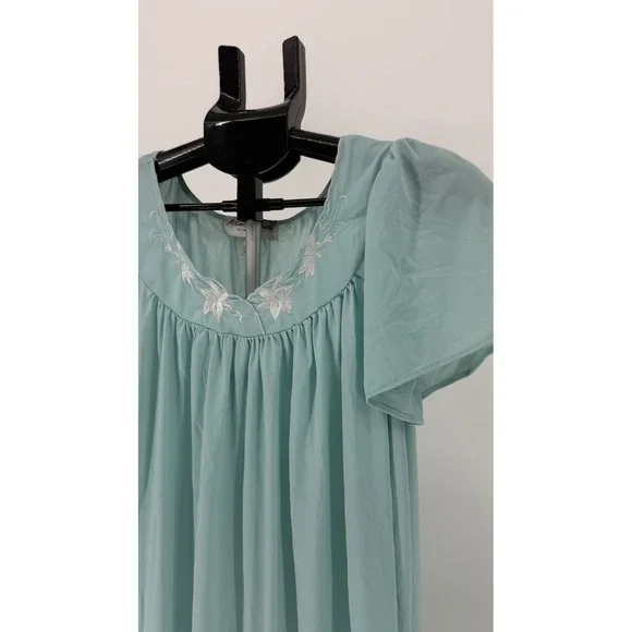 VTG Miss Elaine Classics‎ Women Long Nightgown Blue Embroidered Flutter Sleeve L - Picture 3 of 6